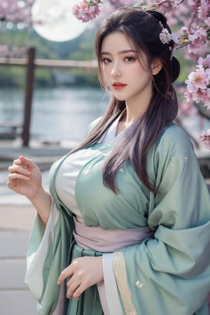 (masterpiece, best quality:1.2), highres, extremely detailed, 1 girl, purple hair, eye highlights,BREAK,(dark green hanfu dress:1.39), frills, outdoors, flower, fluttering petals, upper body, depth of field,pastel color, Depth of field,garden of the sun,shiny,flowers, garden, 1girl, butterfly style, butterflies, ultra detailed, glary,Light, light particles,glitter,reflect,,(big breasts:1.69),Xyunxiao,(full moon:1.29),waterfall 