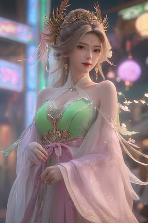   (masterpiece, best quality:1.2),Nights,( parties:1.3), (neon lights:1.4),( lively:1.3), glowing earrings, realistic, pub,1girl, solo, looking at viewer, (light pink-green dress:1.29).realistic, midriff, bare shoulders, standting, hair ornament, long hair, jewelry, brown hair, parted lips, skirt, short skirt, cowboy shot,Xyunxiao, ,(huge breasts:1.69), 