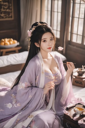 (masterpiece, best quality:1.2),1girl, solo, long hair, black hair,Hairpins,necklace, hair ornament, dress, full body, (huge breasts:2.29), (full breasts:1.69),flower, earrings, indoors, hair bun, (light purple-yellow dress:1.29),(Tube top Hanfu long skirt:1.1), pillow, bed, night, chinese clothes, table, branch,daxiushan, ,daxiushan style,(huge breasts:2.39), (full breasts:1.79), realistic,hanfu, daxiushan,Shoulders are exposed, , daxiushan, arien_hanfu, FilmGirl,,Xyunxiao,weijin_hanfu,Xningyudie