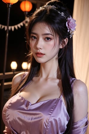   (masterpiece, best quality:1.2),1girl, navel, solo, midriff, bare shoulders, lantern, hair ornament, flower, hair flower, paper lantern, black hair, red lips, looking at viewer, chinese clothes, (light purple dress:1.29), purple eyes,blurry, solo focus, long hair, lips, night, lipstick, outdoors, upper body, blurry,(huge breasts:1.46), background, solo, makeup, hair bun,Xyunxiao,full moon