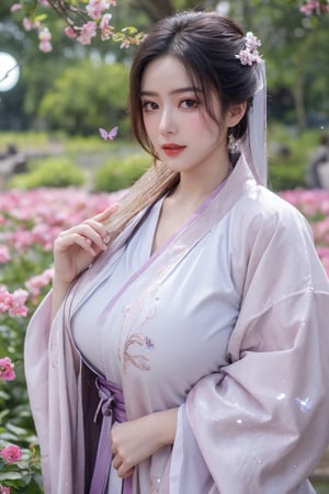 (masterpiece, best quality:1.2), highres, extremely detailed, 1 girl, purple hair, eye highlights,(light red hanfu dress:1.29), frills, outdoors, flower, fluttering petals, upper body, depth of field,pastel color, Depth of field,garden of the sun,shiny,flowers, garden, 1girl, butterfly style, butterflies, ultra detailed, glary,Light, light particles,glitter,reflect,,(big breasts:1.6),Xyunxiao,(full moon:1.29),waterfall 