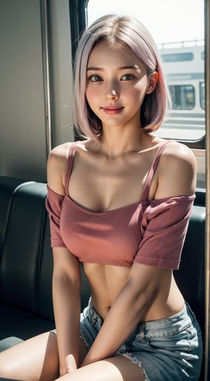 (RAW photo, best quality), (realistic, photo-Realistic:1.3), best quality, masterpiece, (high contrast), cinematic lighting, ambient lighting, sidelighting, Exquisite details and textures, cinematic shot, Warm tone, wide shot, ultra realistic photo, siena natural ratio, (pink to white gradient hair) ,photorealistic,(masterpiece, sidelights, (exquisite gentle eyes), masterpiece, 1 girl, solo,(over sized eyes, big eyes), smille,(brown eyes), (kind face:1.5), (hair bangs), ((bob hair)), (cute face),(clear face:1.5), (small to medium breasts),(glowing eyes), adorable, best quality, PERFECT HANDS, 1 girl inside Japan JR train carriage, beautiful view outside, reflection on window glass, Off shoulder, Midriff, (short pants), innocent, (close up upper body), slim body, teenage girls figure, (perfect body scale),white outfit,korean girls, sitting_down, (she is looking out train window), (empty hands), close up portrait, viewed_from_left body, focus on head, window reflection of the girl, head close to the big window,perfecteyes,e235, train interior, scenery, seat, (look away),Fashionista,perfect hands