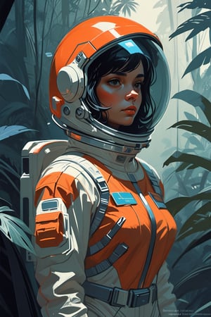 waist-up "female Astronaut in a Jungle" by Syd Mead, broken helmet tangerine cold color palette, muted colors, detailed, 8k