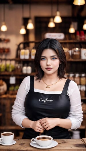 realistic photo with layered haircut Beautiful Indonesian woman, black eyes, smile, 28 years old, fat body, without make-up, rather big chest, charming, wearing a thin v neck dress with a gold necklace that fits her chest, normal fingers, making coffee in a shop,  in front of the table there is coffee and snacks, behind it there is the writing '(WARUNG JANDA)' giving distance to the composition so it looks dynamic, 4K, natural colors, sharp