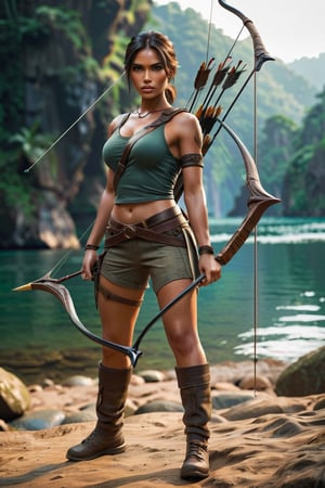 A realistic image of a beautiful Indonesian woman, walking forward, looking at the camera, holding a bow and arrow to shoot, her clothes and style are like someone in the film Lara Croft - TOM RAIDER, her eyes look intent, behind her you can see a broken suspension bridge, the fire shot upwards and fell into the river. The image has the caption "HERO NEVER LOOK BACK".