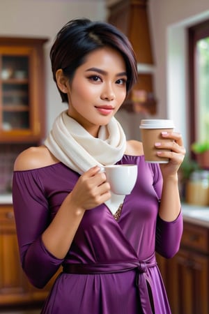 beautiful retro pixie hair. 28 year old Indonesian woman with a charming body wearing a purple v home dress, wearing a white scarf, normal fingers, holding coffee in her hand, visible behind her is the kitchen giving distance so that the composition looks dynamic, 4K, natural colors, sharp