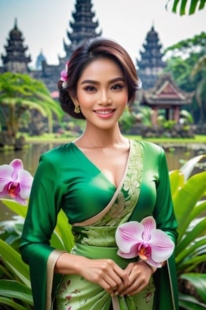 A beautiful Indonesian woman elegantly wearing a green Kebaya and sarong, gently holding an orchid flower, smiling, looking at the camera, standing in a cool garden surrounded by blooming orchids. In the distance, majestic birds soar in the sky, and the iconic Prambanan temple stands as a beautiful backdrop. The image is 3D, HDR, ultrarealistic, and hyper photorealistic.