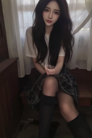 1girl, solo, long hair, looking at viewer, smile, skirt, shirt, black hair, sitting, school uniform, white shirt, short sleeves, socks, black eyes, head tilt, plaid, kneehighs, cosplay, plaid skirt, ground vehicle, black socks, realistic, shiny pantyhose,