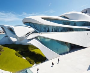 (master piece)(biomorphic building), rhombuses facade pattern, zaha hadid, Calatrava, glass windows,  concrete,  house with tesselated facade, front street view,photo-realistic,hyper-realistic, parametric architecture,8k, ultra details,Low-rise building,Manufactured goods,Theatre stadium,Tower,ellipsoid,tarmac,Air terminal,seaside,Golden fashion,Minimalist style,Water style,mobility,

An architectural wonder with a daring configuration and ground-breaking design.This structure could be a museum or a company building.4k image photo like,(detailed)