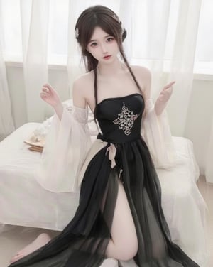 a girl in a black dress sitting on a bed, with a white cloth in the background. She is wearing a belly dance costume, with intricate details and a graceful pose. Her hair is pulled back in a bun and she has a serene expression on her face.bust shot,