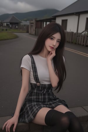 1girl, solo, long hair, looking at viewer, smile, skirt, shirt, black hair, sitting, school uniform, white shirt, short sleeves, socks, black eyes, head tilt, plaid, kneehighs, cosplay, plaid skirt, ground vehicle, black socks, realistic, shiny pantyhose,