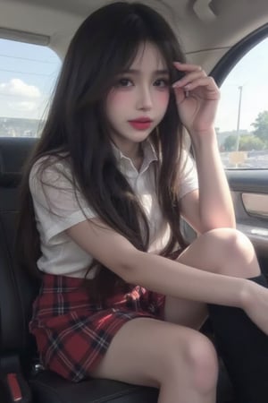 1girl, solo, long hair, looking at viewer, smile, skirt, shirt, black hair, sitting, school uniform, white shirt, short sleeves, socks, black eyes, head tilt, plaid, kneehighs, cosplay, plaid skirt, ground vehicle, black socks, realistic, hand on own leg, drop hands,shiny pantyhose,