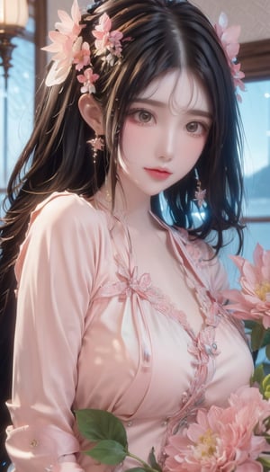 (A beautiful and gentle princess:1.2),(free and happy maiden:1.1),(pink flowers:1.2),tree,exquisite accessories,melodious dream,Morandi tone,(Romantic lake view:0.9),  best quality, masterpiece, highres, original, extremely detailed wallpaper, perfect lighting,mmm,Pretty face,half body,1girl