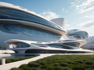 (master piece)(biomorphic building), rhombuses facade pattern, zaha hadid, Calatrava, glass windows,  concrete,  house with tesselated facade, front street view,photo-realistic,hyper-realistic, parametric architecture,8k, ultra details,Low-rise building,Manufactured goods,Theatre stadium,Tower,ellipsoid,tarmac,Air terminal,seaside,Golden fashion,Minimalist style,Water style,mobility,

An architectural wonder with a daring configuration and ground-breaking design.This structure could be a museum or a company building.4k image photo like,(detailed)