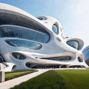 (master piece)(biomorphic building), rhombuses facade pattern, zaha hadid, Calatrava, glass windows,  concrete,  house with tesselated facade, front street view,photo-realistic,hyper-realistic, parametric architecture,8k, ultra details,Low-rise building,Manufactured goods,Theatre stadium,Tower,ellipsoid,tarmac,Air terminal,seaside,Golden fashion,Minimalist style,Water style,mobility,

An architectural wonder with a daring configuration and ground-breaking design.This structure could be a museum or a company building.4k image photo like,(detailed)