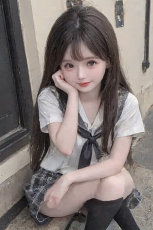 1girl, solo, long hair, looking at viewer, smile, skirt, shirt, black hair, sitting, school uniform, white shirt, short sleeves, socks, black eyes, head tilt, plaid, kneehighs, cosplay, plaid skirt, ground vehicle, black socks, hand on own face, realistic, hand on own cheek, 