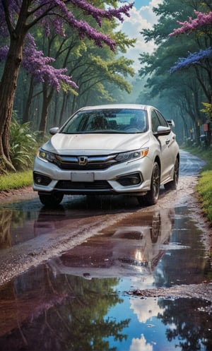 A stunning landscape photo featuring wet rainy road, inbetween the lusg green woods. A White Honda City car inbetween the road. The sky behind is painted with vibrant hues of Blue and purple, reflecting the beauty of the world beyond the knight's journey, . High-definition photo of a trendy boy in vibrant Memphis-style setting under the sun, full of lively colors and youthful energy,