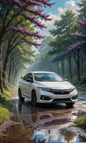 A stunning landscape photo featuring wet rainy road, inbetween the lusg green woods. A White Honda City car inbetween the road. The sky behind is painted with vibrant hues of Blue and purple, reflecting the beauty of the world beyond the knight's journey, . High-definition photo of a trendy boy in vibrant Memphis-style setting under the sun, full of lively colors and youthful energy, 
