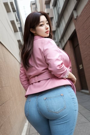Korean beauty, A woman wearing pink coat over a white shirt and white pants , she has beautiful face and pretty eyes, she has thick thighs , big boobs , and thick big ass, she is a biology teacher , she is in classrooml , she is hot and thick , she is sexy and her ass is larger and bigger, her ass is bigger than her boobs , her ass is so big as if it would burst through her pants, her breasts are very large and she shows off her breasts, big tits
