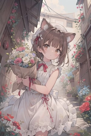 Ultra delicate and detailed depiction, Cat ears, brown skin AAA65size chest, shiney day,(frill cute lace deep Long size white sleeveless dress with frills and lace decorations) A red ribbon adorns her hair, dark brown hair, light brown eyes, medium short hairstyle, drooping eyes, the most delicate writing, ー, composition looking up from below, movement. cute pose, Pretty and cute underwear with lots of frills and lace,  anBack alley in the flower garden , and a lady's hat decorated with flowers is worn.PHolding a large bouquet of cute flowers, movement. cute pose, Pretty and cute 