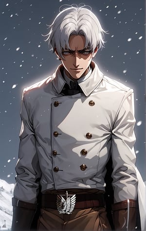 gojo satoru, masterpiece, best quality, (1boy), hair over eyes, white hair, Attack on Titan clothes, winter season, evil smile, blush