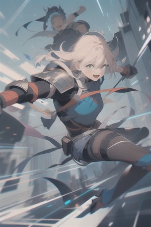 very aesthetic,1boy, 1girl, {{{ambriel (arknights))}}}, alternate costume, {armor},gauntlets ,pauldrons ,thighhighs,excited,{{punching viewer}},motion lines ,action, best quality, amazing quality, very aesthetic, absurdres