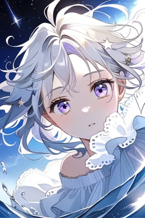 masterpiece, best quality, illustration, stars in the eyes,dishevelled hair,Starry sky adorns hair,1 girl,sparkling anime eyes,beautiful detailed eyes, beautiful detailed stars,blighting stars,emerging dark purple across with white hair,multicolored hair,beautiful detailed eyes,beautiful detailed sky, beautiful detailed water, cinematic lighting, dramatic angle,