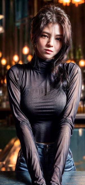 #McBane: photo of extremely sexy woman, a sexy student, closeup portrait upsweep updo, (lace tight long sleeve turtleneck top), at a  bar, masterpiece, photorealistic, best quality, detailed skin, intricate, 8k, HDR, cinematic lighting, sharp focus, eyeliner, painted lips, earrings, extremely sexy seductive eyes, perfect
blue long hair