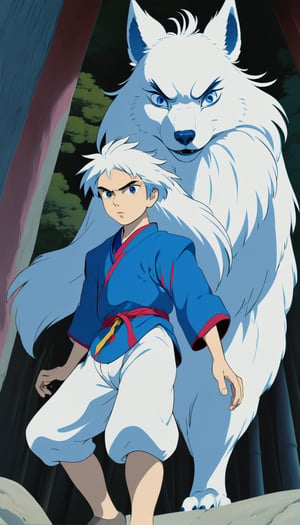 asian 9years old boy, long white wolf hair, white eyebrow, dark blue eyes, full body, japanese temple view, 2d, riding wolf