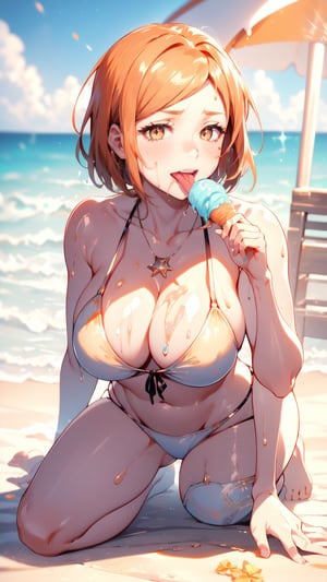 (orange eyes), (orange short hair), full Body, (Charming smile), ((eating soft serve ice cream with tongue)), ((sexy design bikini)), ultra high resolution, 8k, Hdr, daytime, in the beach, (sweat all over the face)