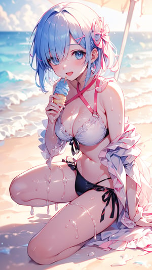 (1 girl), blue eyes, ((blue short hair)), ((the fringe on the right side of hair covers eyes)), (Pink Hairpin), full Body, (happy smile), (eating soft serve ice cream with tongue)), ((sexy design bikini)), ultra high resolution, 8k, Hdr, daytime, in the beach, (sweat all over the face)
