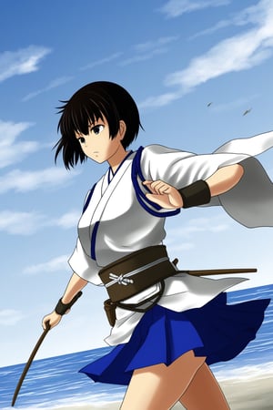 kaga_(kantai_collection), blue miniskirt, white kimono, brast armor, archer, seaside, short hair, black hair, side ponytail, windy