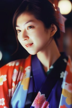 woman, half smile, middle hair, 90s,japanese, kimono, japan, night, dim light