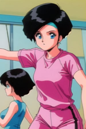 Linna,Short black hair,Hairband,Blue eyes, loose tshirt, 80s aerobic clothes