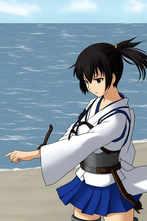 kaga_(kantai_collection), blue miniskirt, white kimono, brast armor, archer, seaside, short hair, black hair, side ponytail, windy