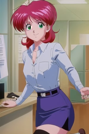 Redhair,Nene,90s anime, green eyes, light blue shirt, dark blue skirt, full leg stockings, office, upper body, smile