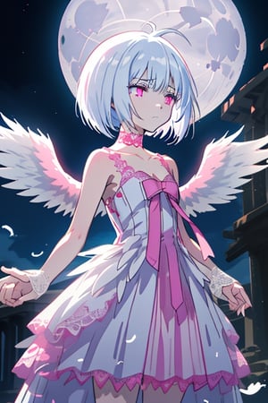 Fitoria, anime, white hair. Short hair. Bob haircut. White feathered wings at back. White lace dress, sleeveless. small cleavage. Pink lace. Pink lace choker. Pink eyes. sad. ruins. Moonlight. Naked shoulders.