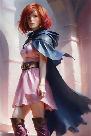 Sheila,Red hair,Freckles,pink dress,sash,high leather boots,dark blue cape,Hood, short hair