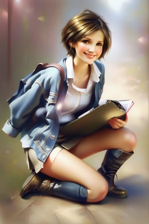 sit on ground, open legs, covering panties,short brown hair,white shirt,denim jacket,miniskirt,low military boots,stockings to the knee,folder in hand, blushing, smile