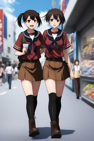 2girls,  mogami, brunette, mikuma, sailor red shirt, brown miniskirt, black socks, black military boots, shopping, walking, akihabara, happy,anime,kancolle