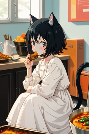 Anime,Fran, teenage girl, white dress, black hair, short hair, bangs, cat ears, cat tail, eating curry