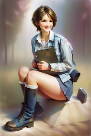 sit on ground, open legs, covering panties,short brown hair,white shirt,denim jacket,miniskirt,low military boots,stockings to the knee,folder in hand, blushing, smile