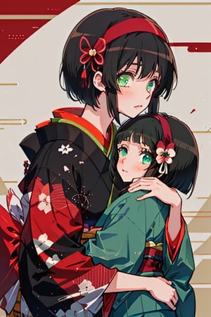 woman,Mio, kimono, normal breasts, black hair, short hair, red hairband, green eyes.
Little girl, blue eyes, kimono, black hair, long hair, hugging Mio