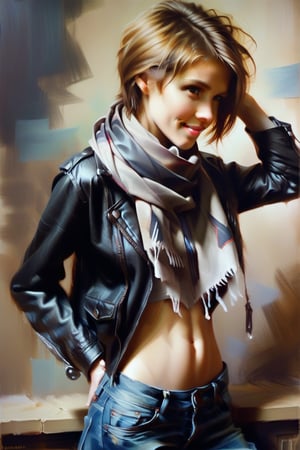 DominoK,short hair,light brown hair,tshirt,navel,black leather jacket,low torn jeans,scarf, half smile