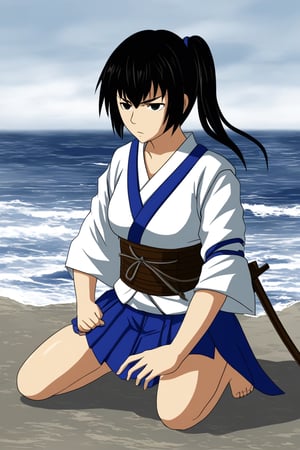 kaga_(kantai_collection), blue miniskirt, white kimono, brast armor, archer, seaside, short hair, black hair, side ponytail, windy, serious, kneeled