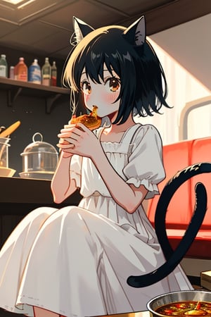 Anime,Fran, teenage girl, white dress, black hair, short hair, bangs, cat ears, cat tail, eating curry