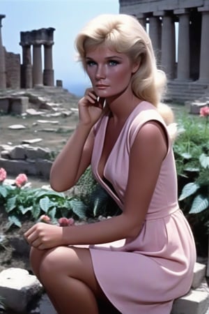 Weena,Yvette Mimieux,blonde,Blue eyes.
Soft pink open cleavage short dress, legs, sit in greek ruins, flowers, plants, lost in her thoughts