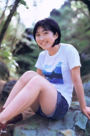 Ryoko Hirosue,short black hair,japanese girl, shorts jeans,tshirt, smiling,sit on a rock, forest