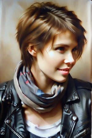 DominoK,short hair,light brown hair,tshirt,navel,black leather jacket,low torn jeans,scarf, half smile, close up