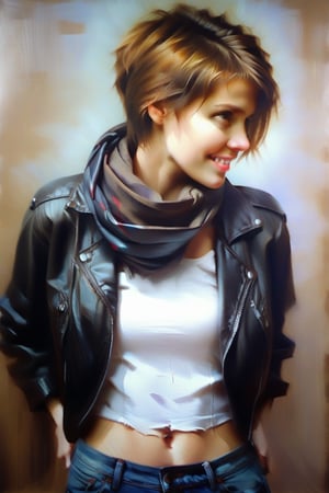 DominoK,short hair,light brown hair,tshirt,navel,black leather jacket,low torn jeans,scarf, half smile, lifting shirt